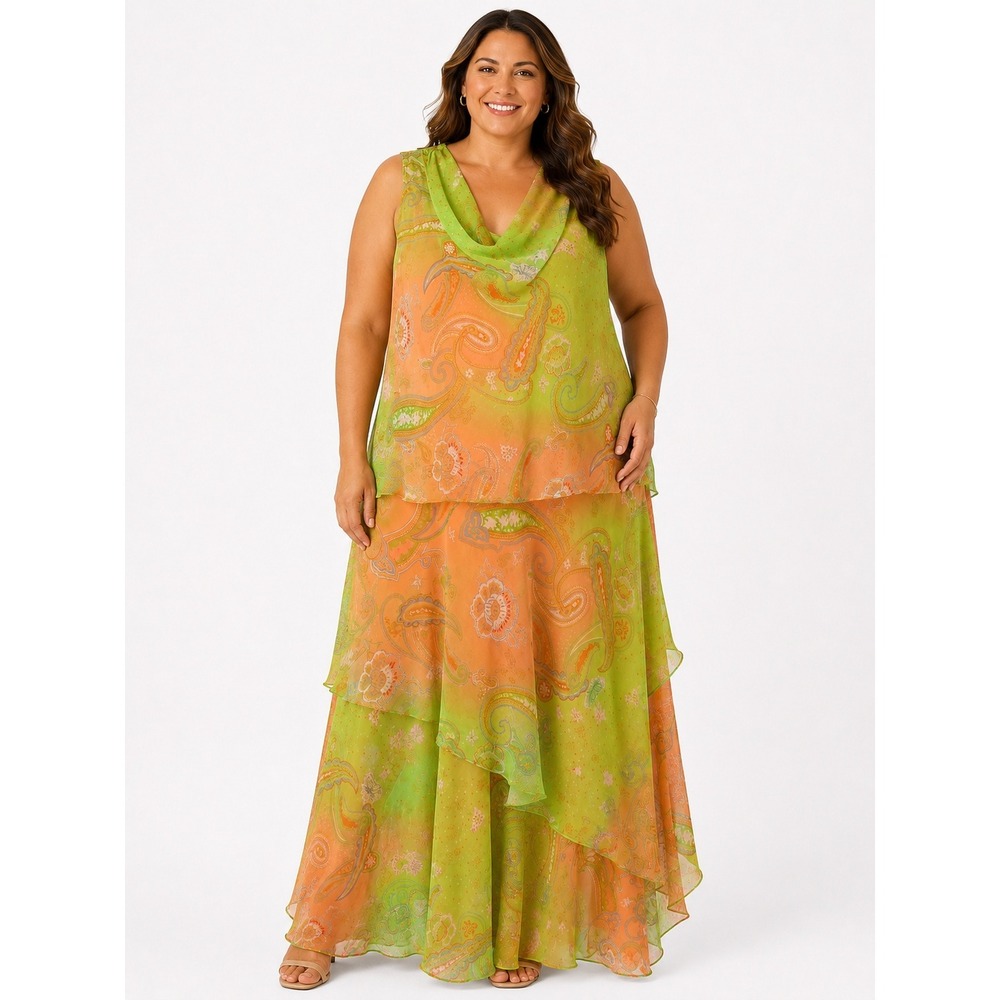 Nikky Maxi Dress Womens XL Orange Green Paisley Cowl Neck Sheer Ruffle Layered